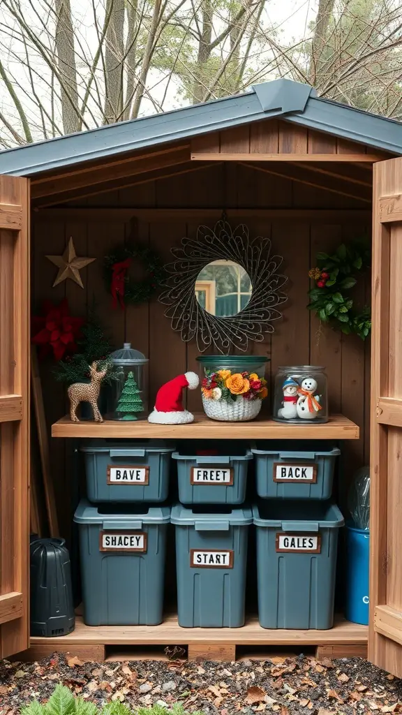 Organized garden shed with seasonal decorations and labeled storage bins