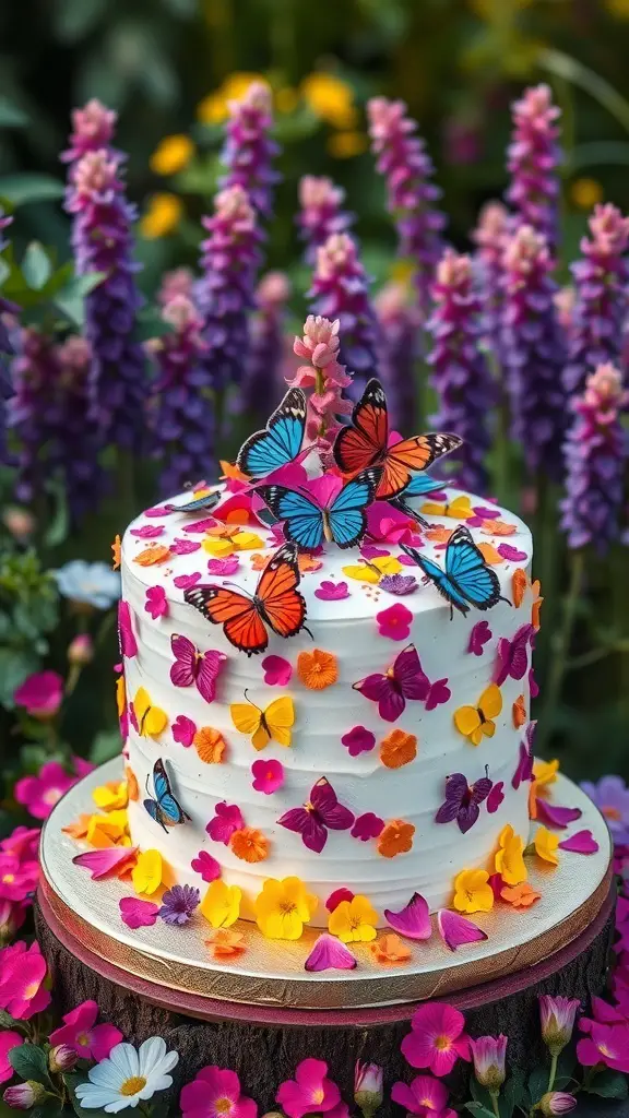 A beautifully decorated Butterfly Garden Cake with colorful butterflies and flowers.