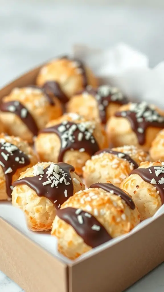 A box of coconut macaroons dipped in chocolate, topped with shredded coconut.