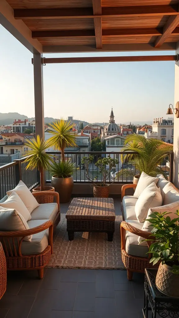 Cozy terrace lounge with comfortable seating and plants