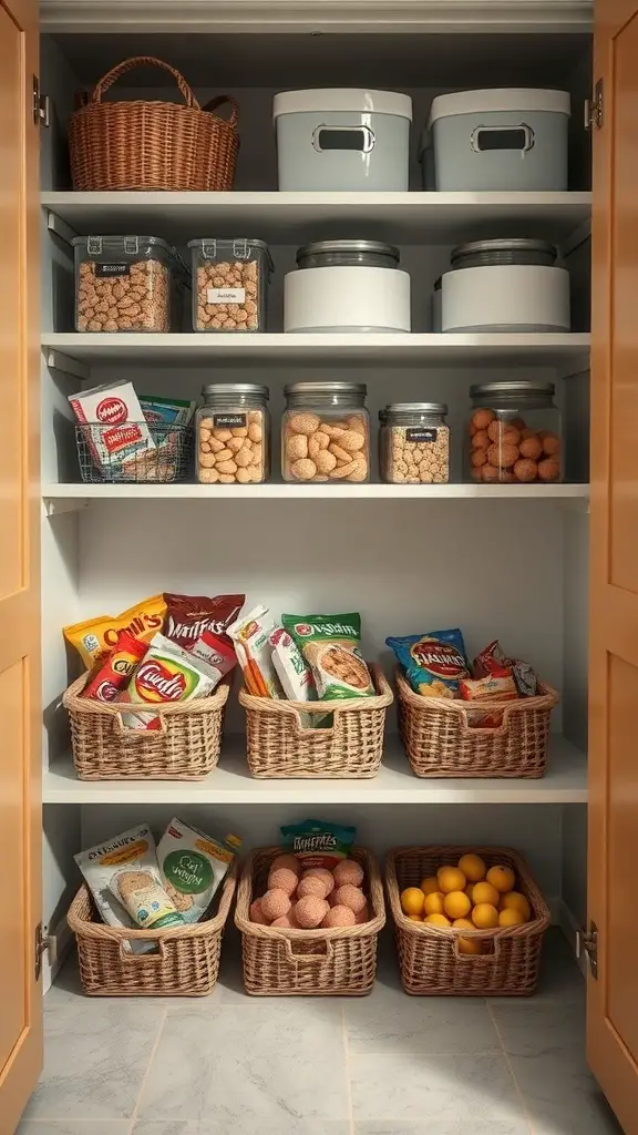 29+ Creative Small Pantry Ideas to Maximize Space 7 A well-organized pantry with under-shelf baskets and various containers