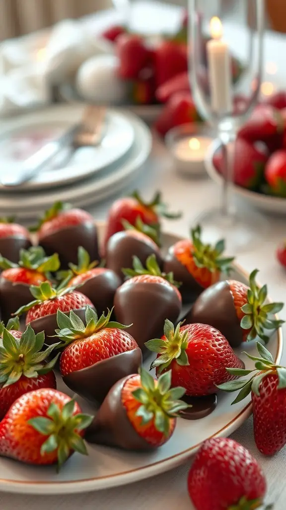 A plate of chocolate-dipped strawberries arranged beautifully on a table.