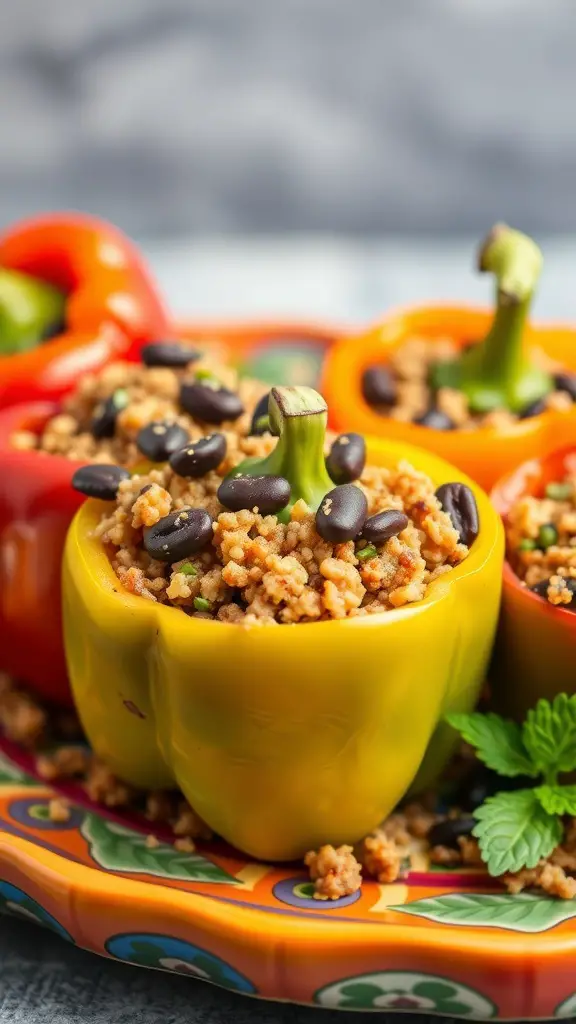 Colorful stuffed bell peppers filled with quinoa and black beans on a decorative plate.