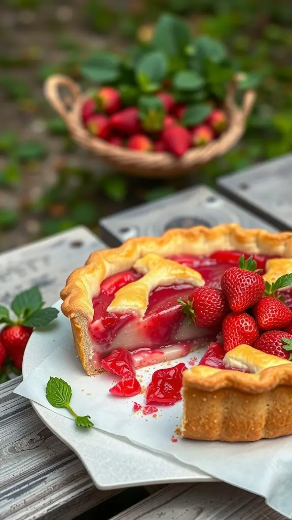 A delicious strawberry rhubarb pie with fresh strawberries on top, set against a backdrop of green leaves and a basket of strawberries.