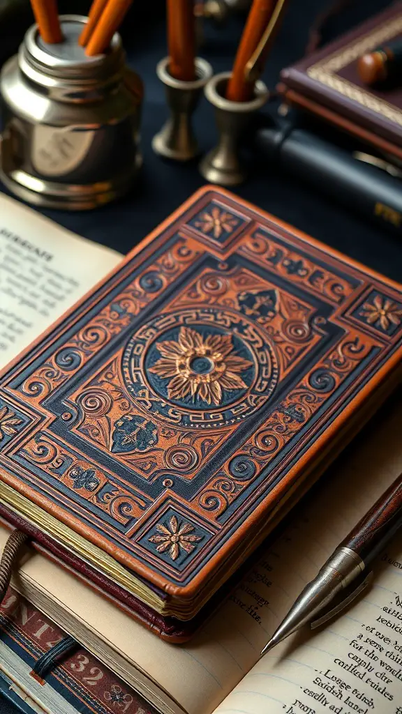 A beautifully crafted leather journal with intricate designs, surrounded by pens and books.