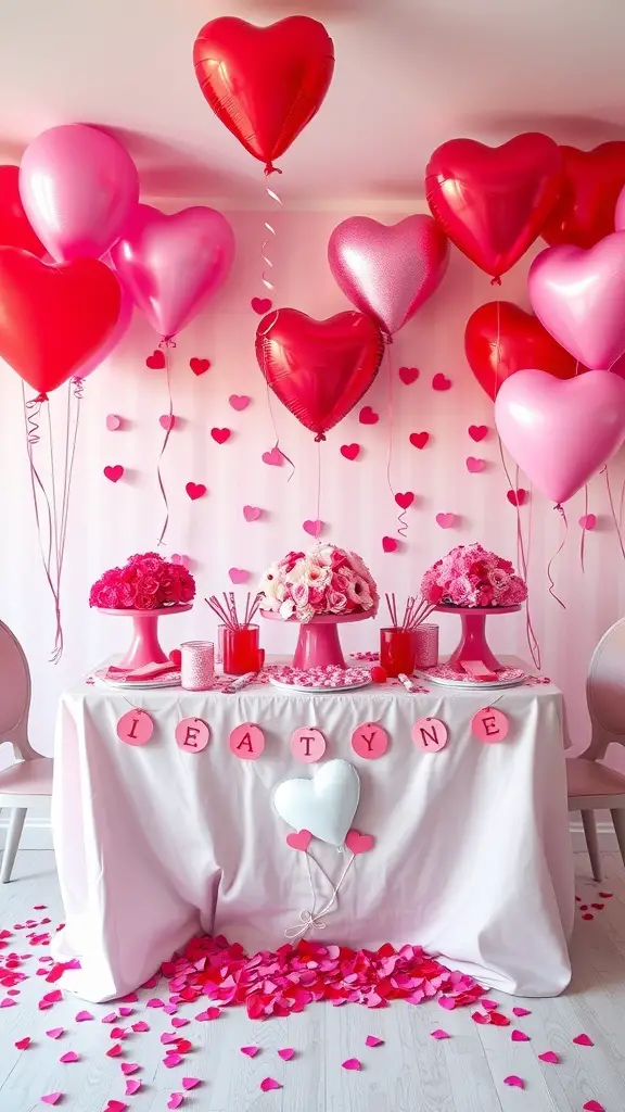 A Valentine's Day tablescape featuring heart-shaped balloons, pink roses, and a playful banner.