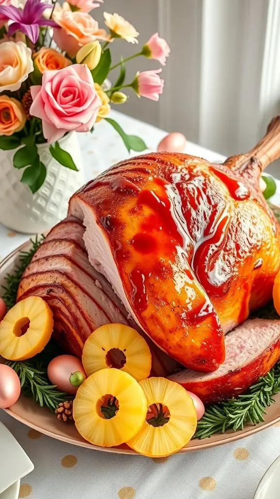47+ Must-Try Easter Brunch Ideas for a Festive Celebration 4 A beautifully glazed baked ham with pineapple slices and colorful Easter decorations.