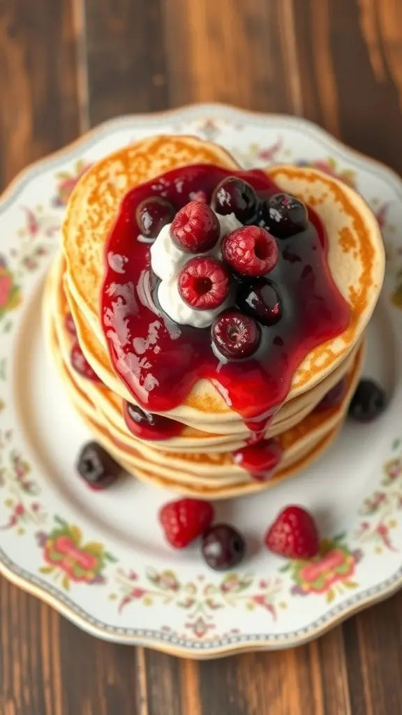 Stack of heart-shaped pancakes topped with berry compote and fresh berries on a decorative plate.