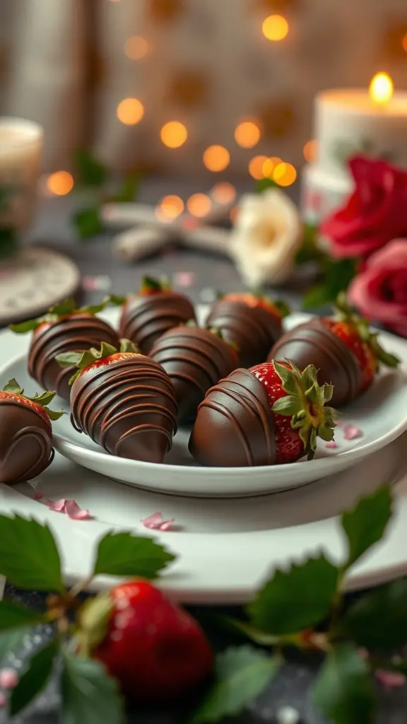 29+ Delightful Valentine's Day Treats to Share with Your Loved One 7 A plate of chocolate-covered strawberries with a soft background and romantic decorations.