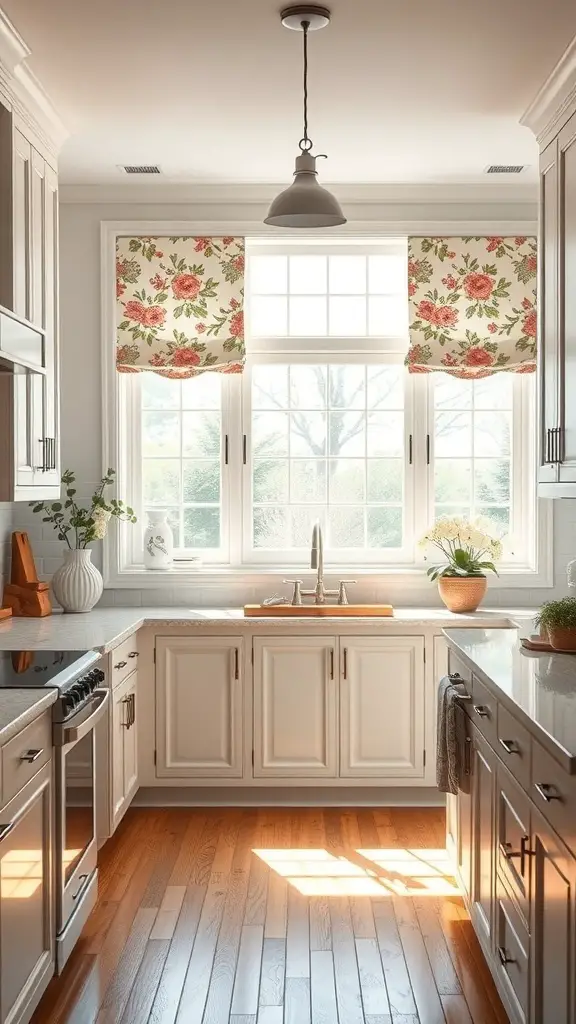 A bright kitchen with floral window shades and natural light.