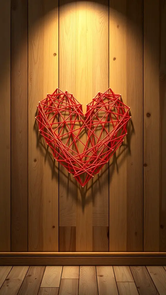 Red string art heart displayed on a wooden wall