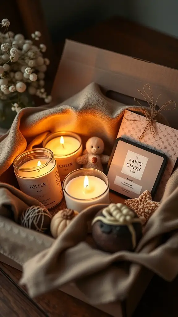 27+ Creative Sweet Box Ideas for Valentine's Day 8 A cozy gift box with scented candles and sweet treats, creating a warm Valentine's gift idea.