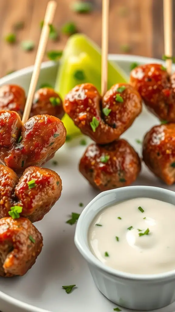 Heart-shaped meatballs on skewers served with dipping sauce