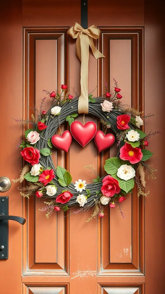 A decorative Valentine's Day wreath with red hearts and colorful flowers hanging on a door.