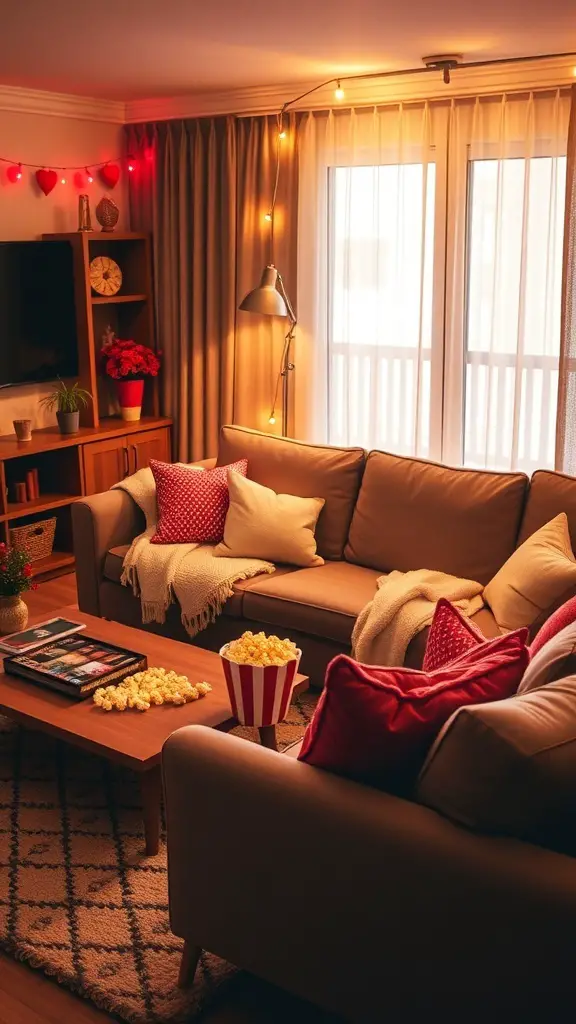 Cozy living room setup for a Galentine's movie marathon with popcorn and warm lighting.