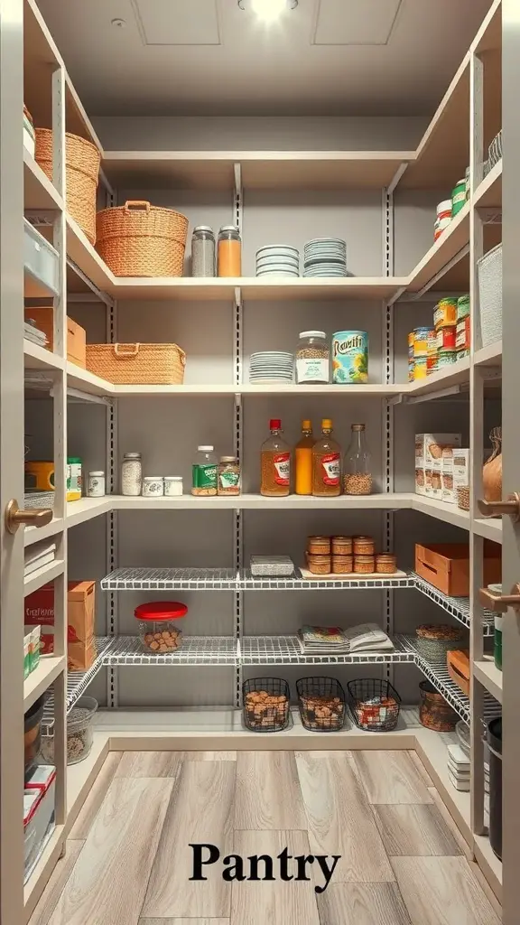 29+ Stylish Pantry Design Ideas to Elevate Your Storage Space 15 A well-organized pantry with adjustable shelving, showcasing various food items and storage baskets.