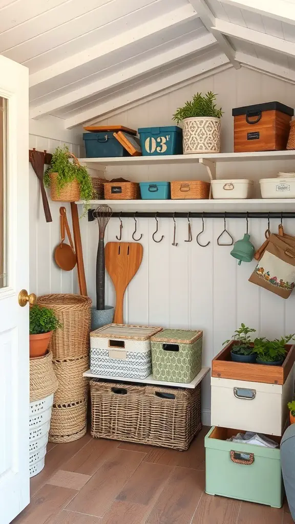A well-organized she shed with shelves and storage boxes