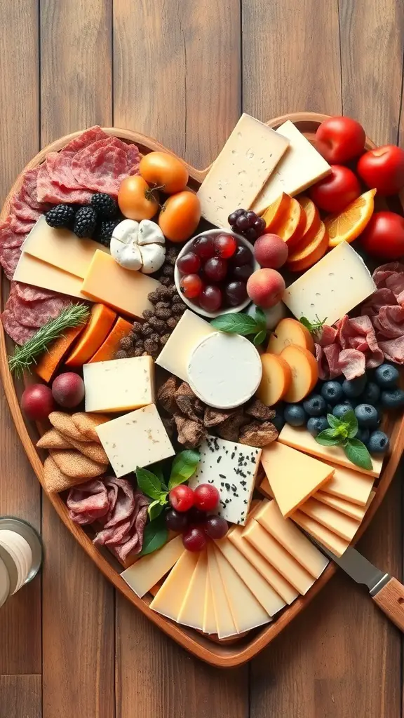 A heart-shaped charcuterie board filled with various cheeses, meats, fruits, and nuts.