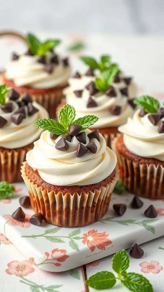 Mint chocolate chip cupcakes topped with frosting, chocolate chips, and mint leaves