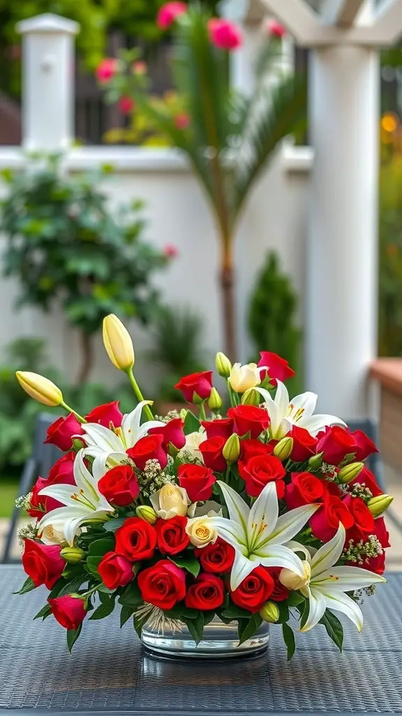 A beautiful floral centerpiece featuring red roses and white lilies in a clear glass vase.