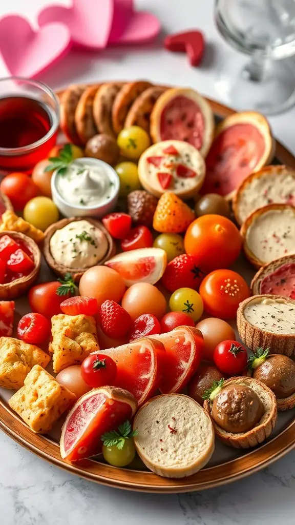 A colorful platter of appetizers featuring mini tarts, fresh fruits, and creamy dips, perfect for a Galentine's dinner party.
