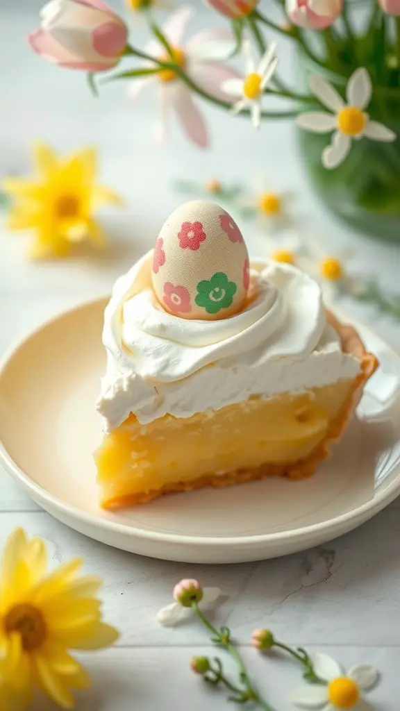 45+ Delightful Easter Desserts You Must Try This Year 8 Slice of lemon meringue pie garnished with a decorative Easter egg, surrounded by flowers.