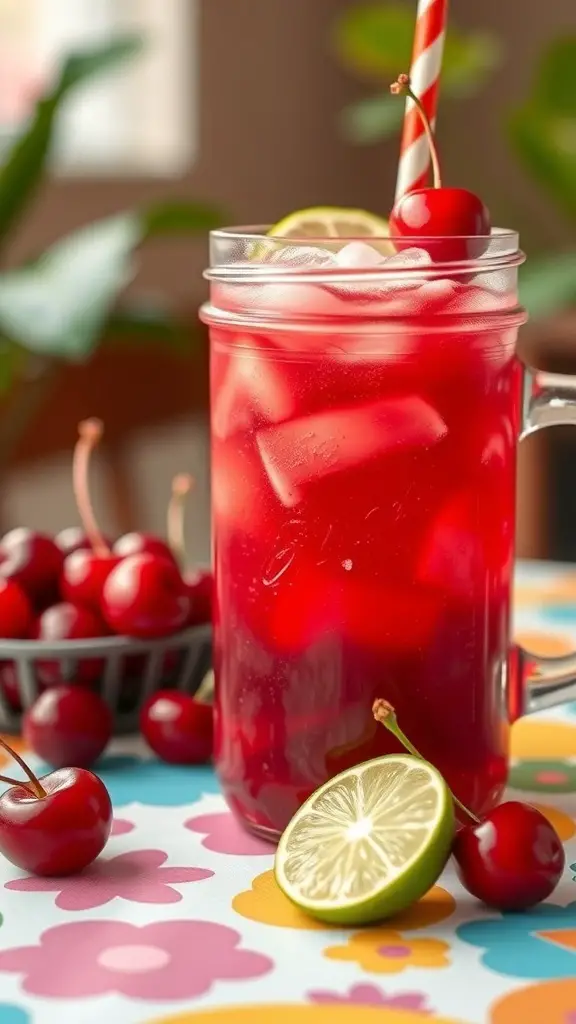 A refreshing Cherry Limeade Sparkler drink in a mason jar with ice, garnished with a cherry and lime slice, surrounded by fresh cherries.
