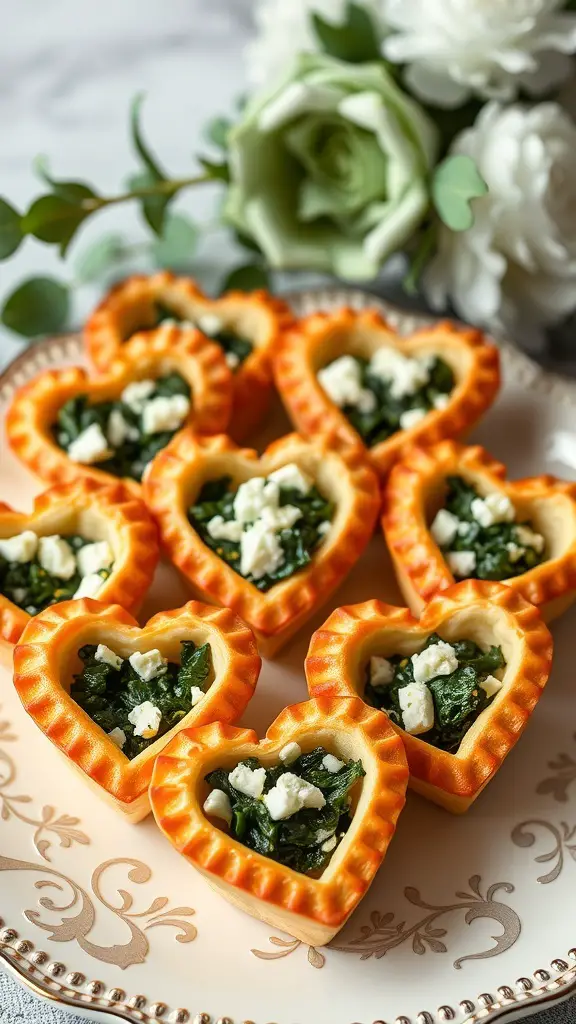 Heart-shaped pastry bites filled with spinach and feta cheese on a decorative plate.
