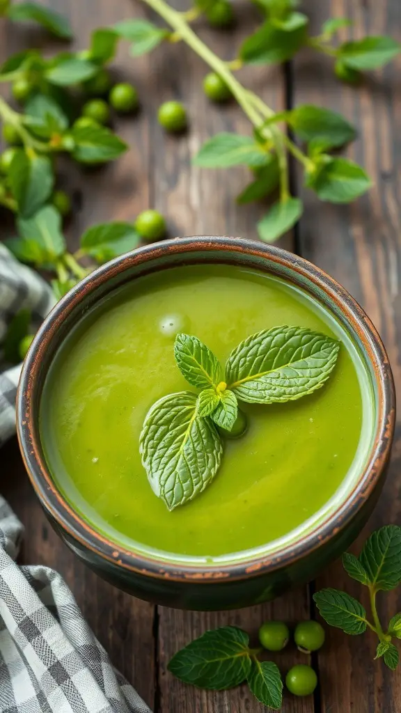 A bowl of vibrant green spring pea soup garnished with mint leaves, surrounded by fresh mint and peas.