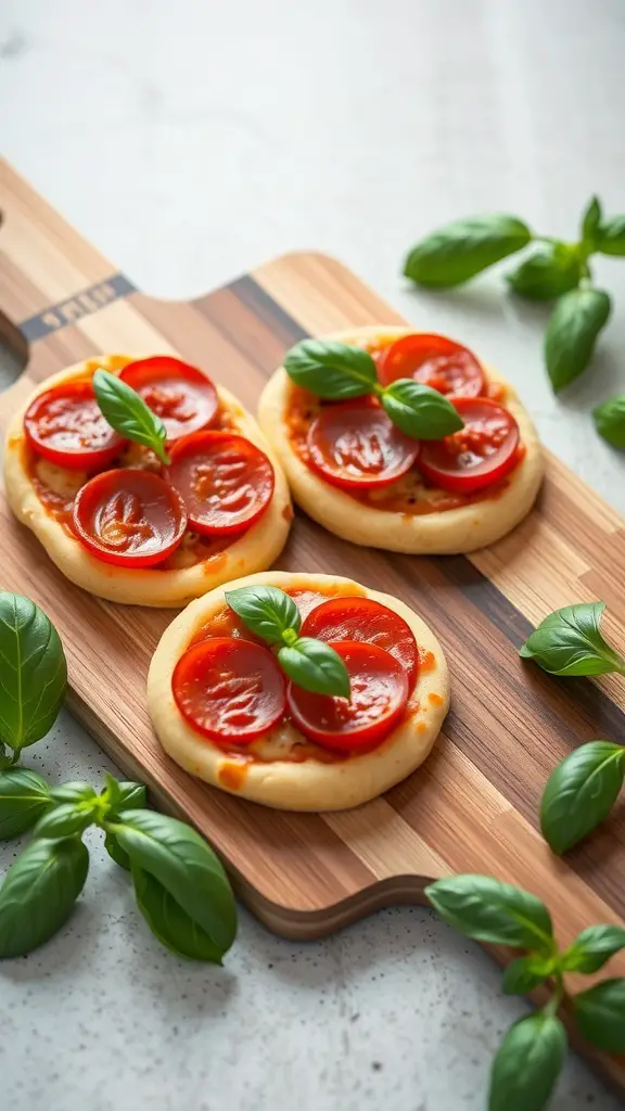 Mini pizzas topped with pepperoni and basil on a wooden cutting board