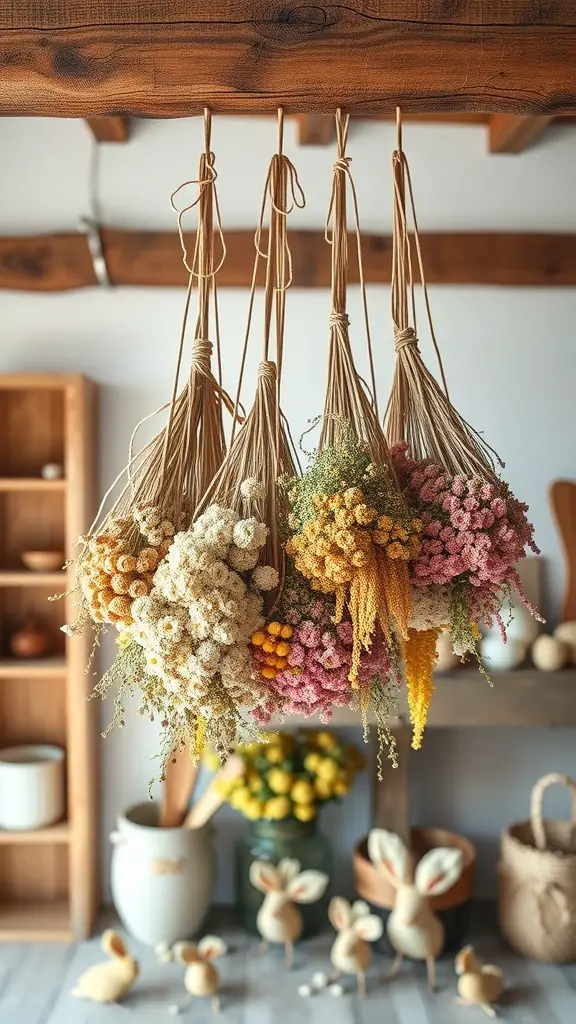 Hanging dried flower bouquets in a rustic setting
