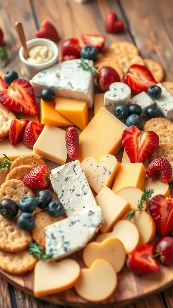 A beautifully arranged cheese board with various cheeses, crackers, strawberries, and blueberries.