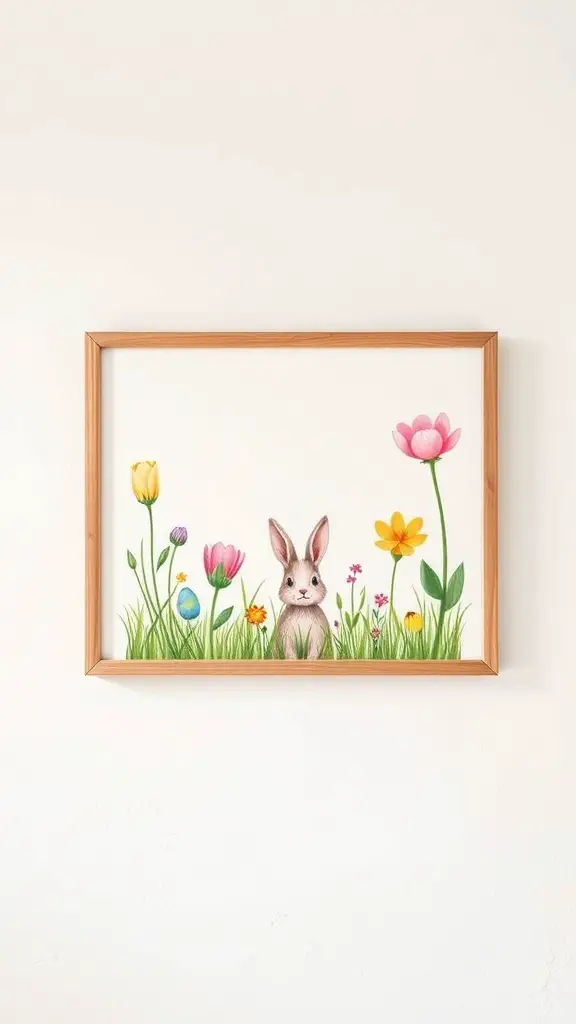 Illustration of a bunny in a field of flowers with Easter eggs