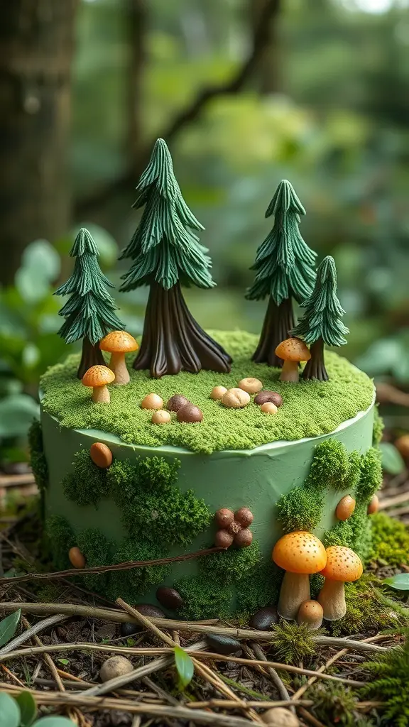 A beautifully decorated Mossy Forest Cake with green frosting, tiny trees, and mushrooms.