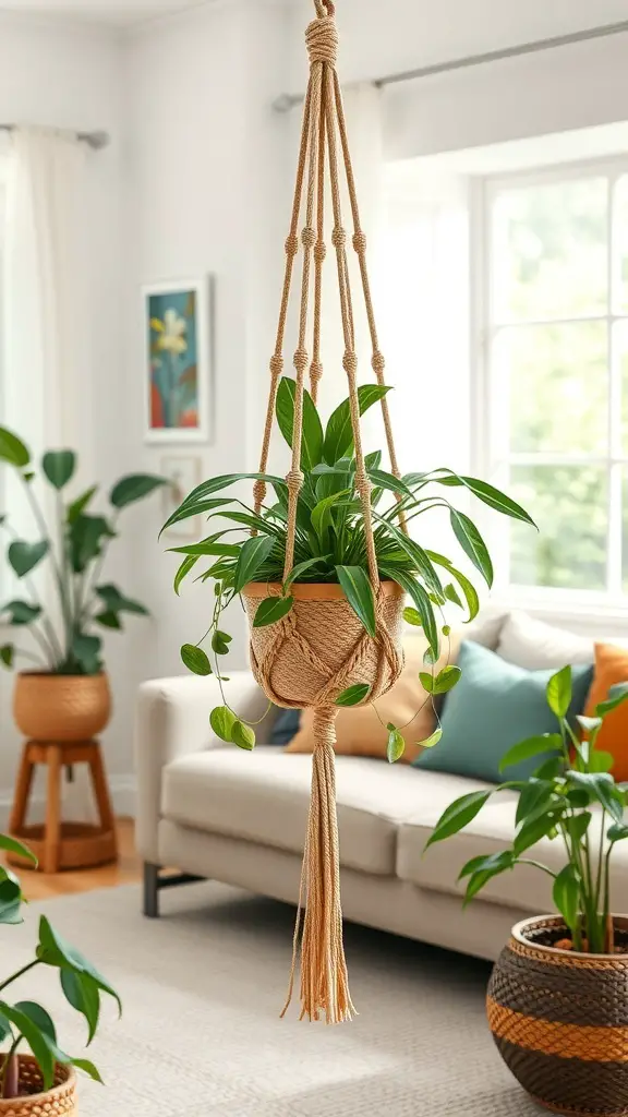 A macrame plant hanger with a green plant, hanging in a bright room.