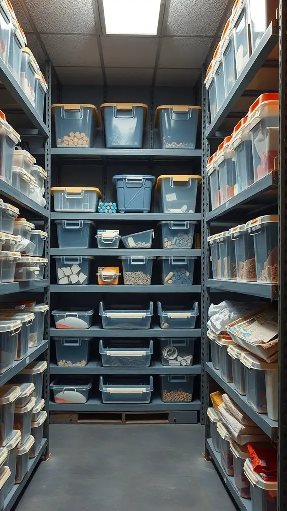 A well-organized small storage room featuring clear bins on shelves, showcasing a variety of labeled items.