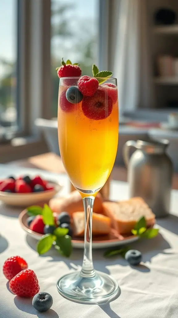 47+ Must-Try Easter Brunch Ideas for a Festive Celebration 16 A glass of mimosa topped with fresh raspberries and blueberries, with a plate of berries and bread in the background.