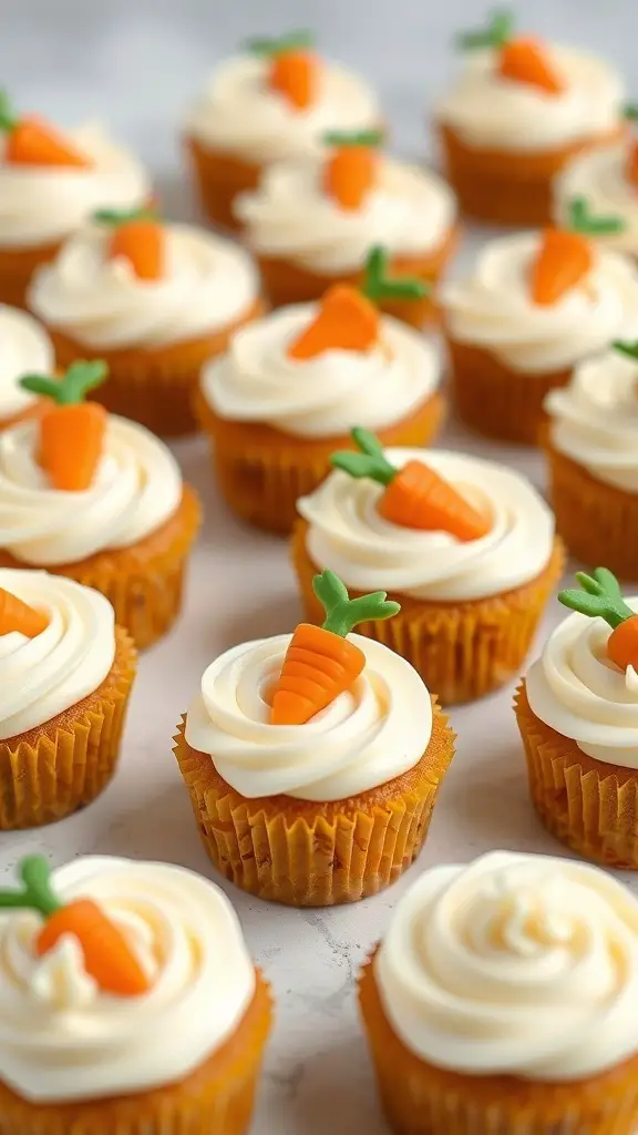 Mini carrot cake cupcakes with cream cheese frosting and fondant carrots on top