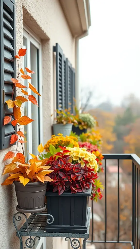 27+ Inspiring Flat Balcony Ideas 11 A flat balcony decorated with autumn plants and flowers in vibrant colors.