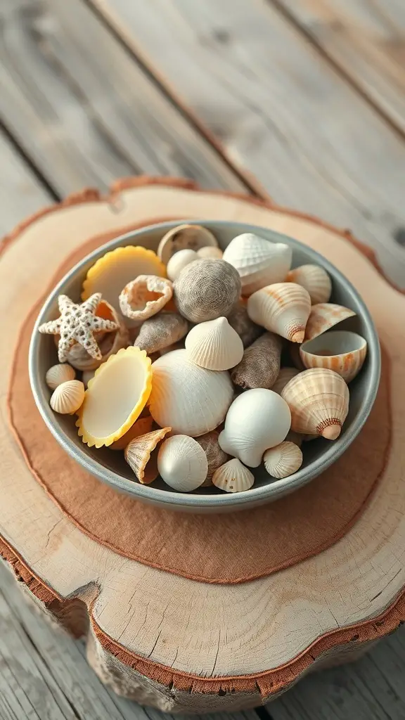 A bowl filled with various seashells on a wooden table.