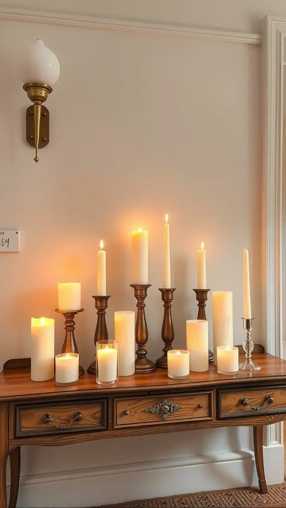A stylish entryway table decorated with various candles in different heights and styles.