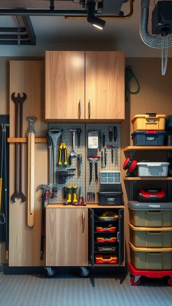 27+ Stylish Garage Cabinet Ideas for an Organized Space 2 Tall wooden garage cabinet with tools and storage bins