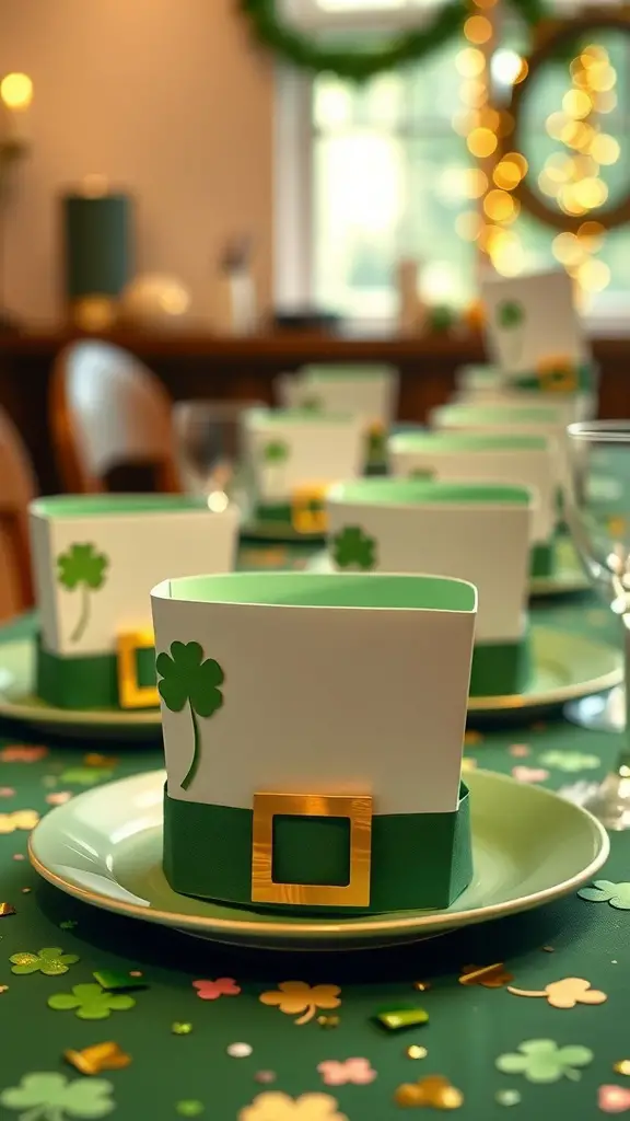 A festive table setting featuring DIY leprechaun hat place cards on green plates, decorated with shamrocks and gold buckles.