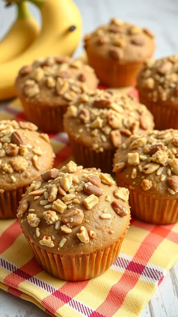 Banana nut muffins with a crunchy topping on a checkered cloth, with bananas in the background.