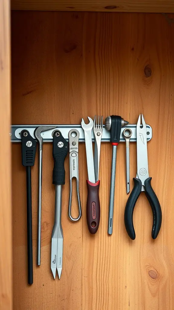 29+ Clever Tool Shed Organization Ideas You Need to Try 12 A magnetic strip holding various metal tools in a wooden shed