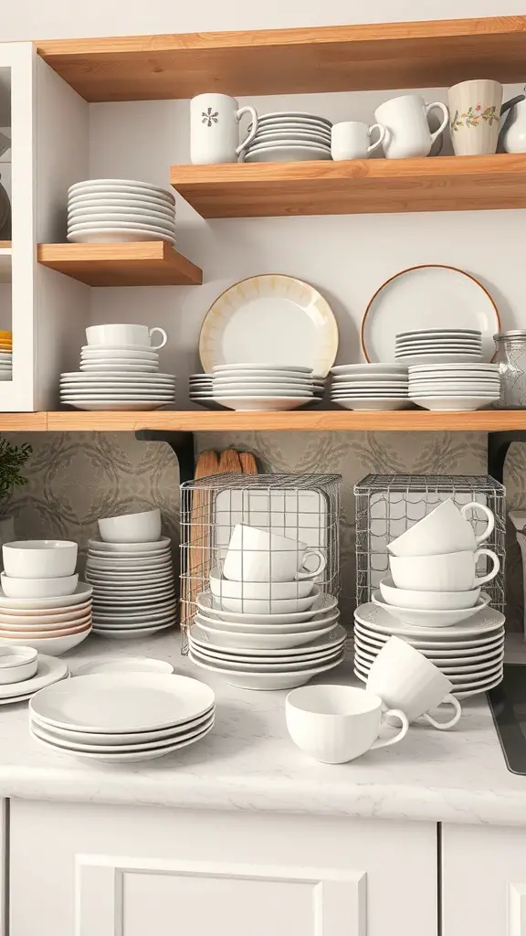 23+ Inspiring Kitchen Counter Styling Ideas to Elevate Your Space 11 A layered display of dishware on kitchen shelves, featuring various plates and cups arranged neatly.