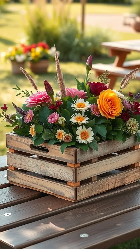 A rustic wooden crate filled with colorful spring flowers, set on a picnic table outdoors.