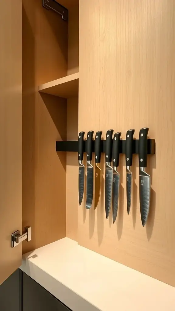 Magnetic strip holding several kitchen knives inside a cupboard