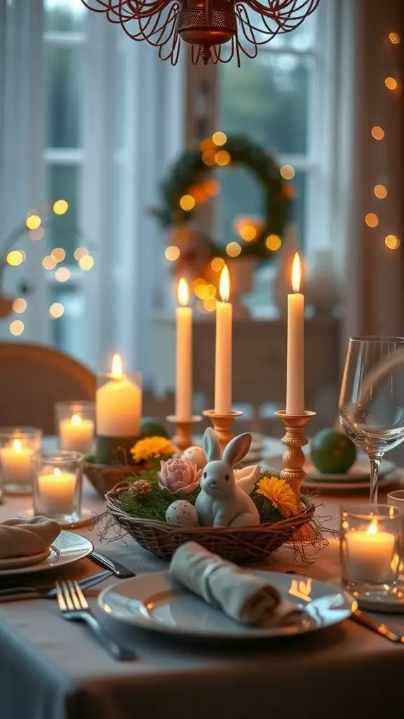 A beautifully set Easter table with candles, flowers, and warm lighting.