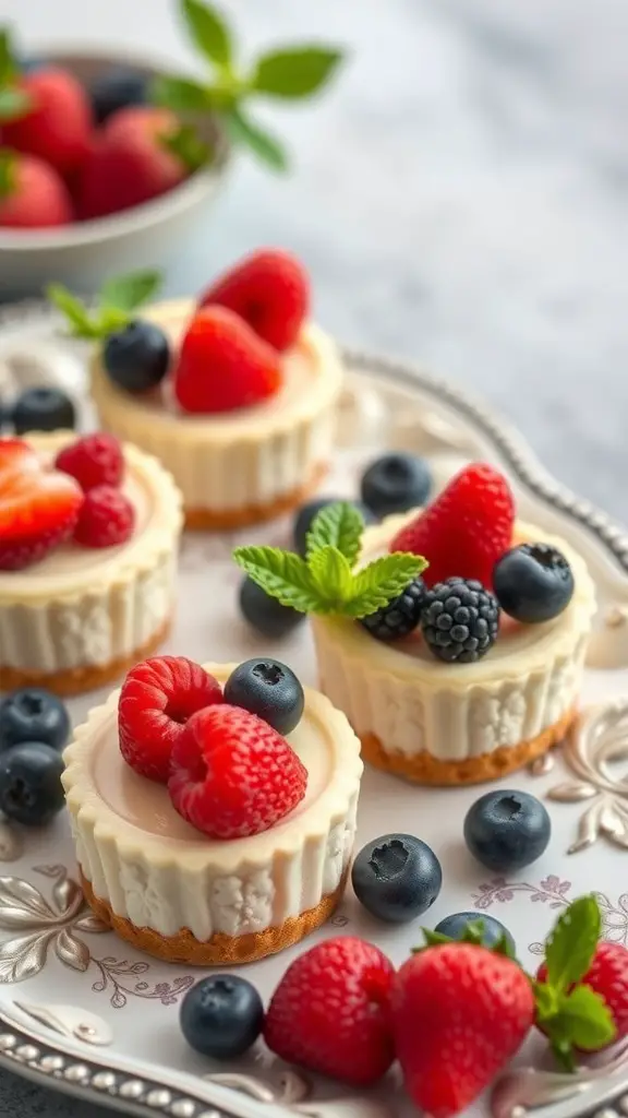 A platter of mini cheesecakes topped with fresh berries and mint leaves.